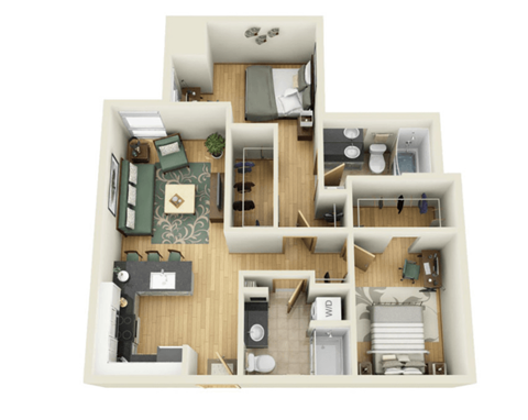 Floor plan for 2 beds, 2 baths, 861 sqft